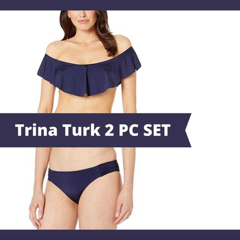Nwt $136 Trina Turk Off Shoulder Bandeau Bikini Top + Bikini Bottoms [ 10 ] Blue